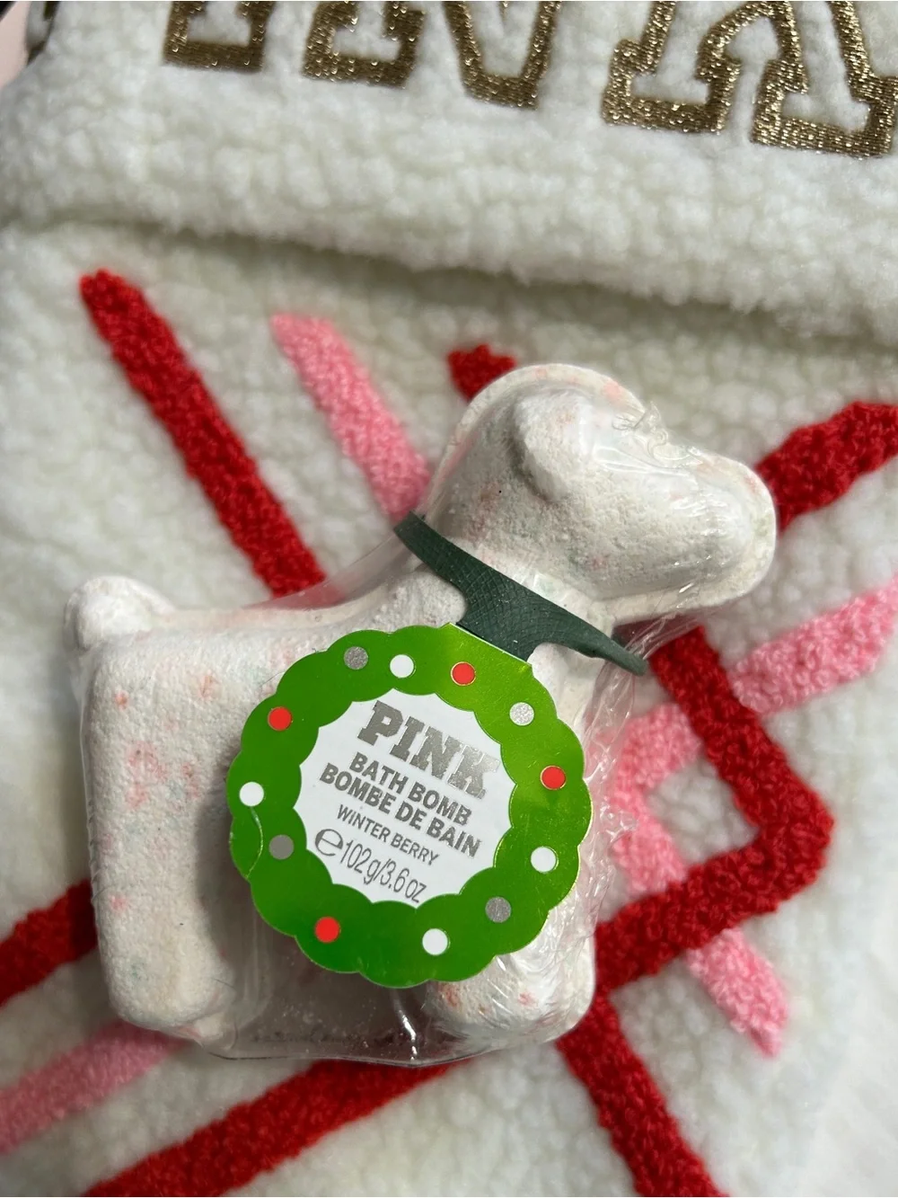 PINK Victoria's Secret White Sherpa Stocking and VS PINK BATH BOMB